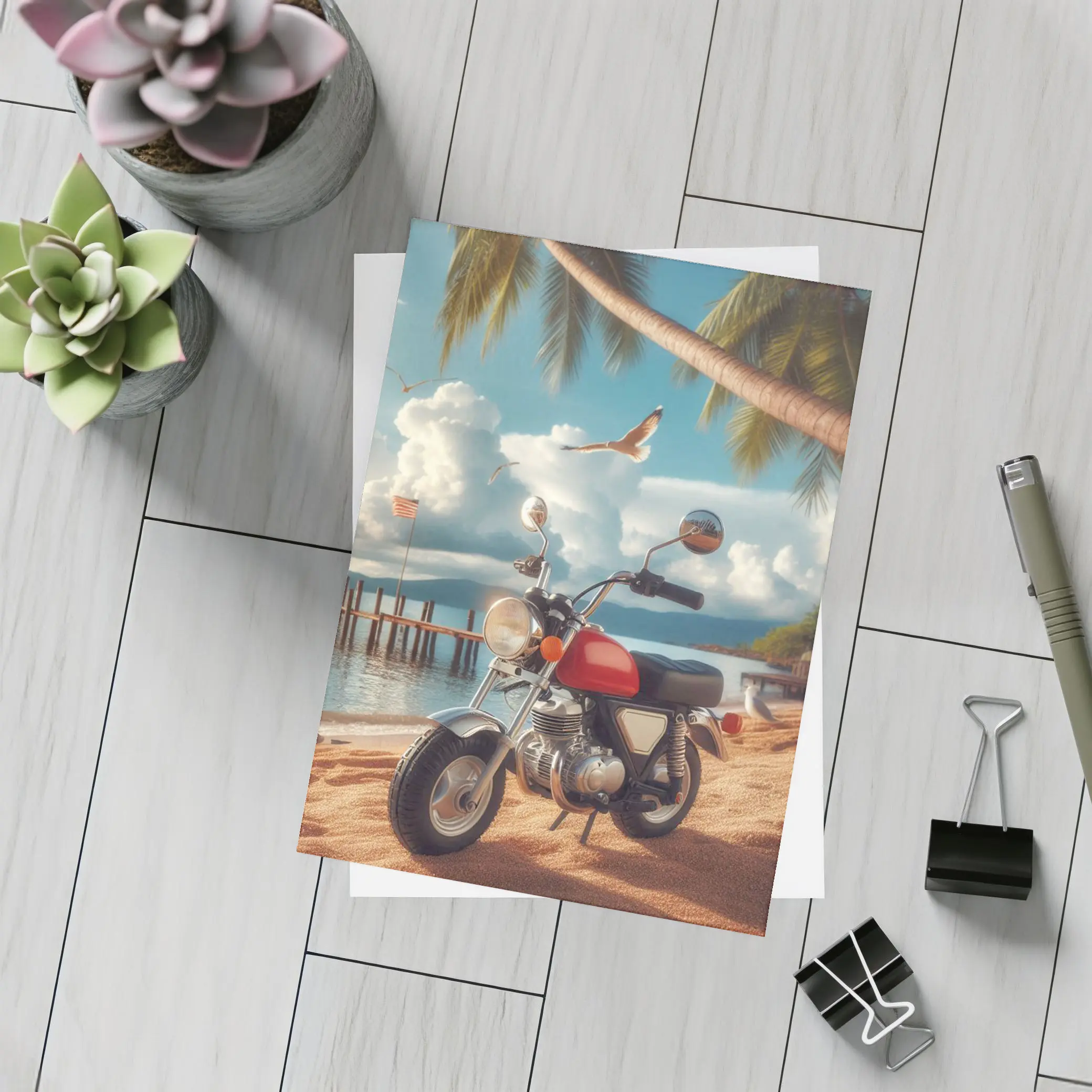 Retro Red Motorcycle Parked On Tropical Beach – Postcards