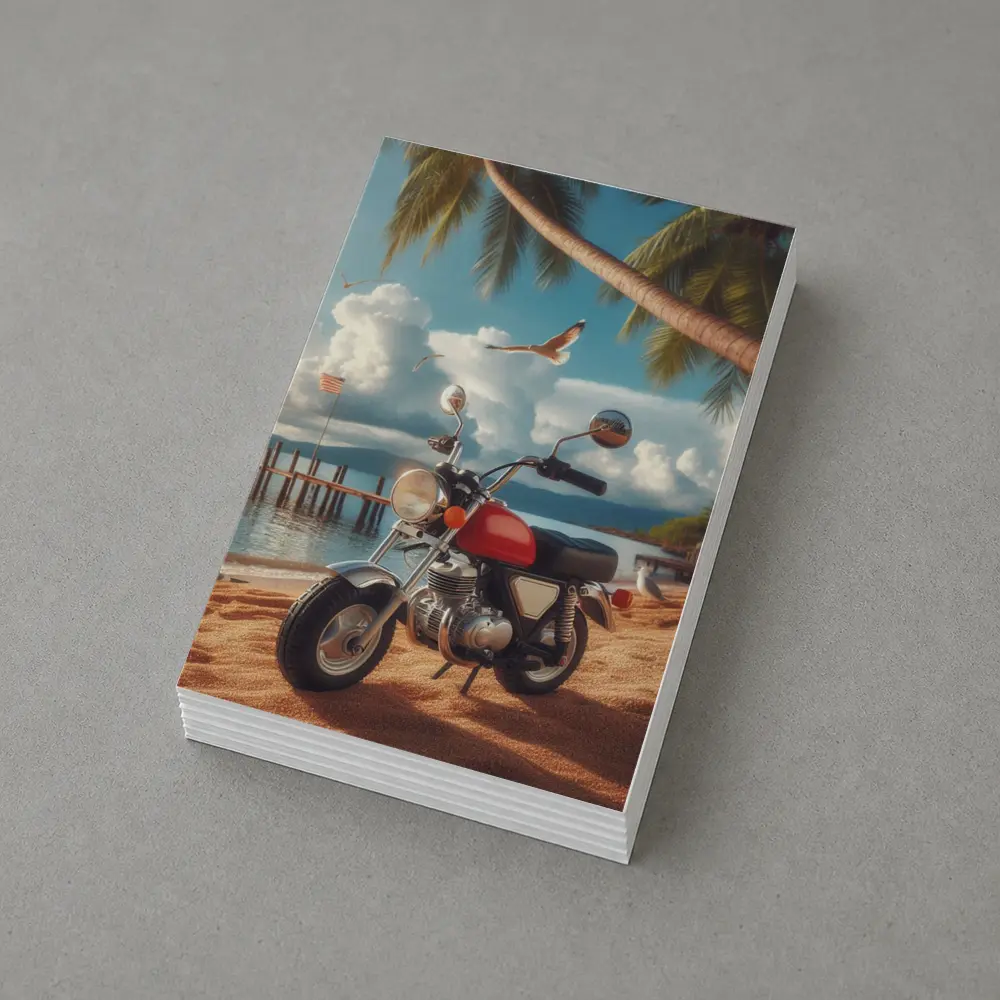 Retro Red Motorcycle Parked On Tropical Beach – Postcards