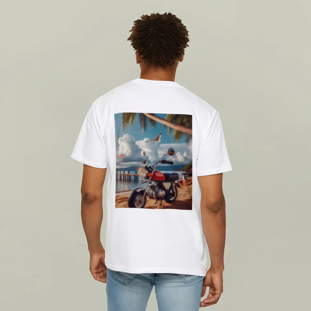 Retro Red Motorcycle Parked On Tropical Beach – T-Shirts