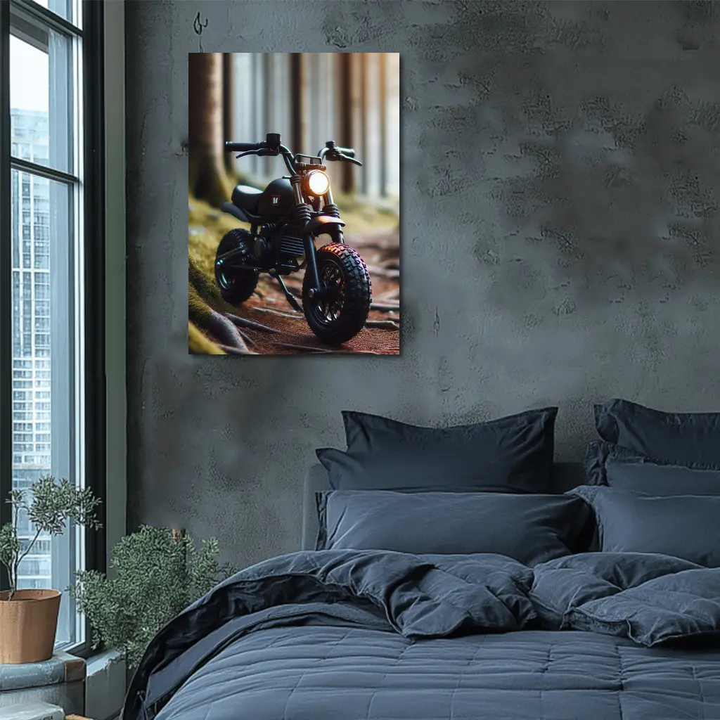 Dark Scrambler Motorcycle Parked Forest Floor – Wall Art