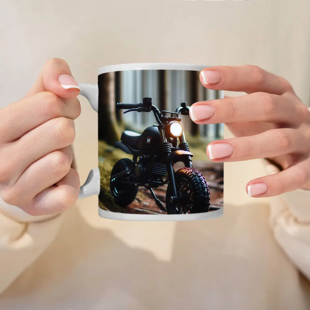 Dark Scrambler Motorcycle Parked Forest Floor – Mugs
