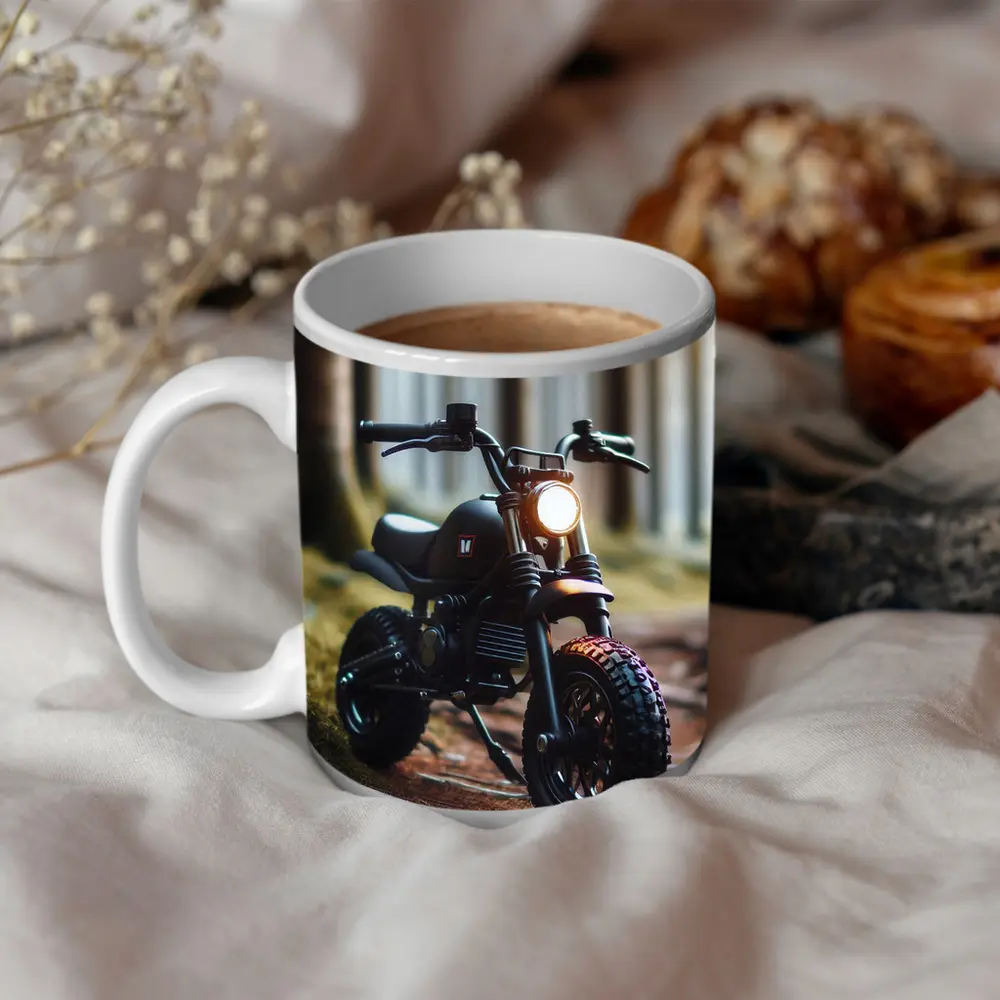 Dark Scrambler Motorcycle Parked Forest Floor – Mugs