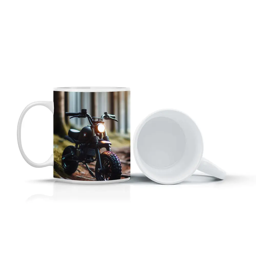 Dark Scrambler Motorcycle Parked Forest Floor – Mugs