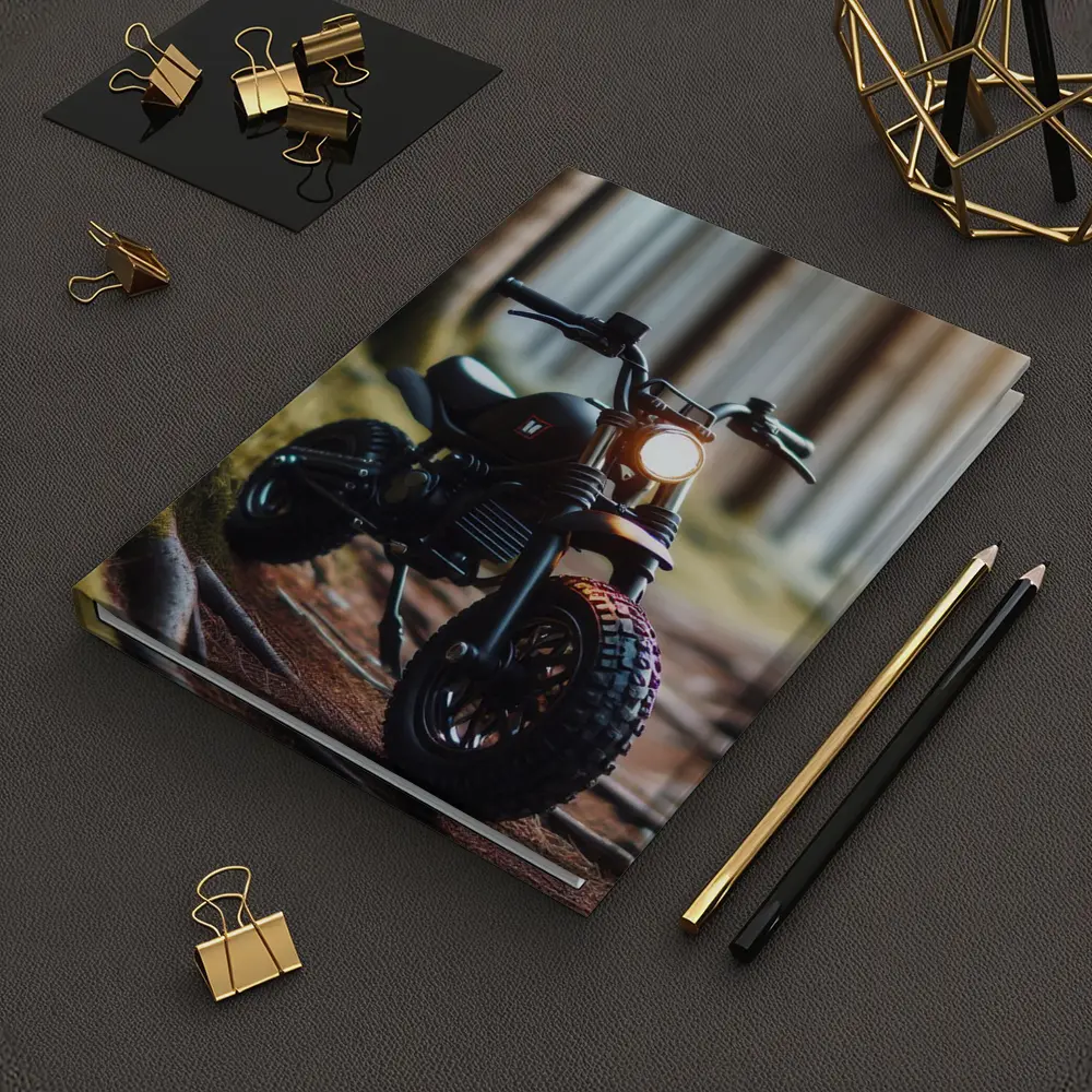 Dark Scrambler Motorcycle Parked Forest Floor – Notebooks