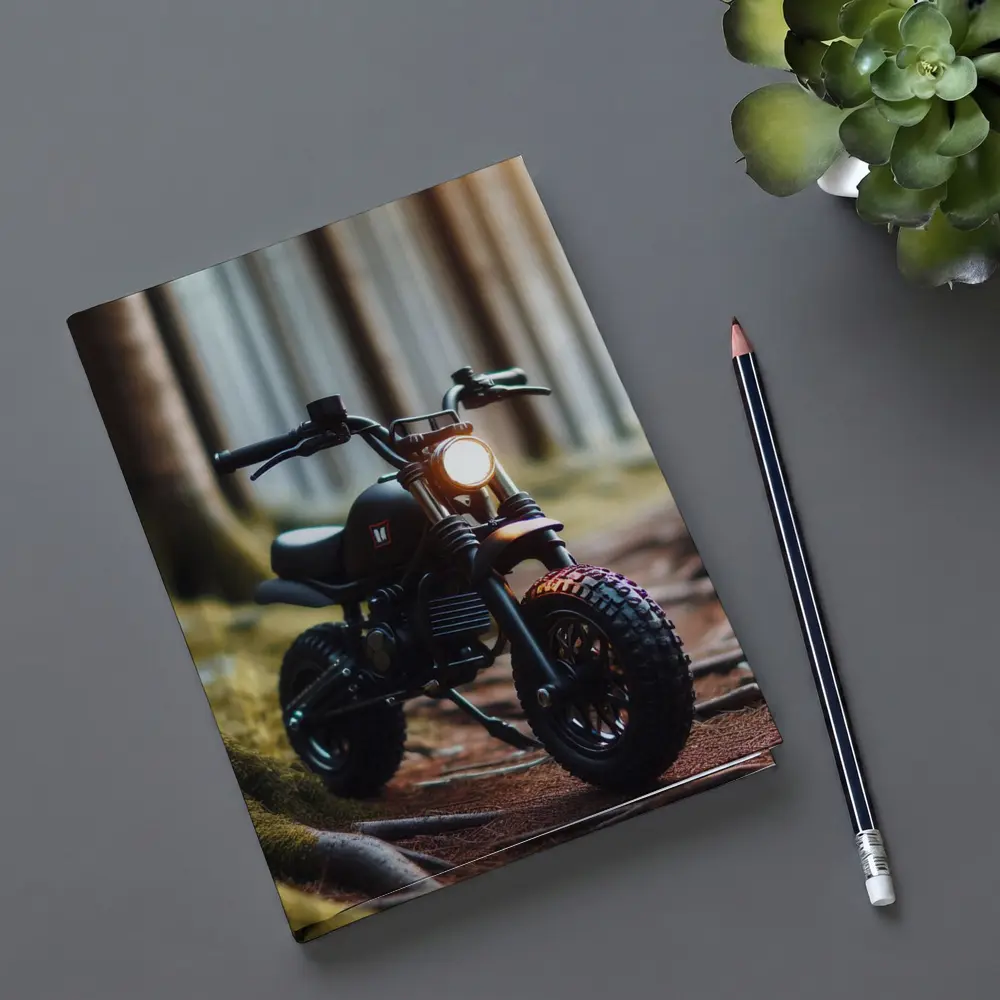 Dark Scrambler Motorcycle Parked Forest Floor – Notebooks