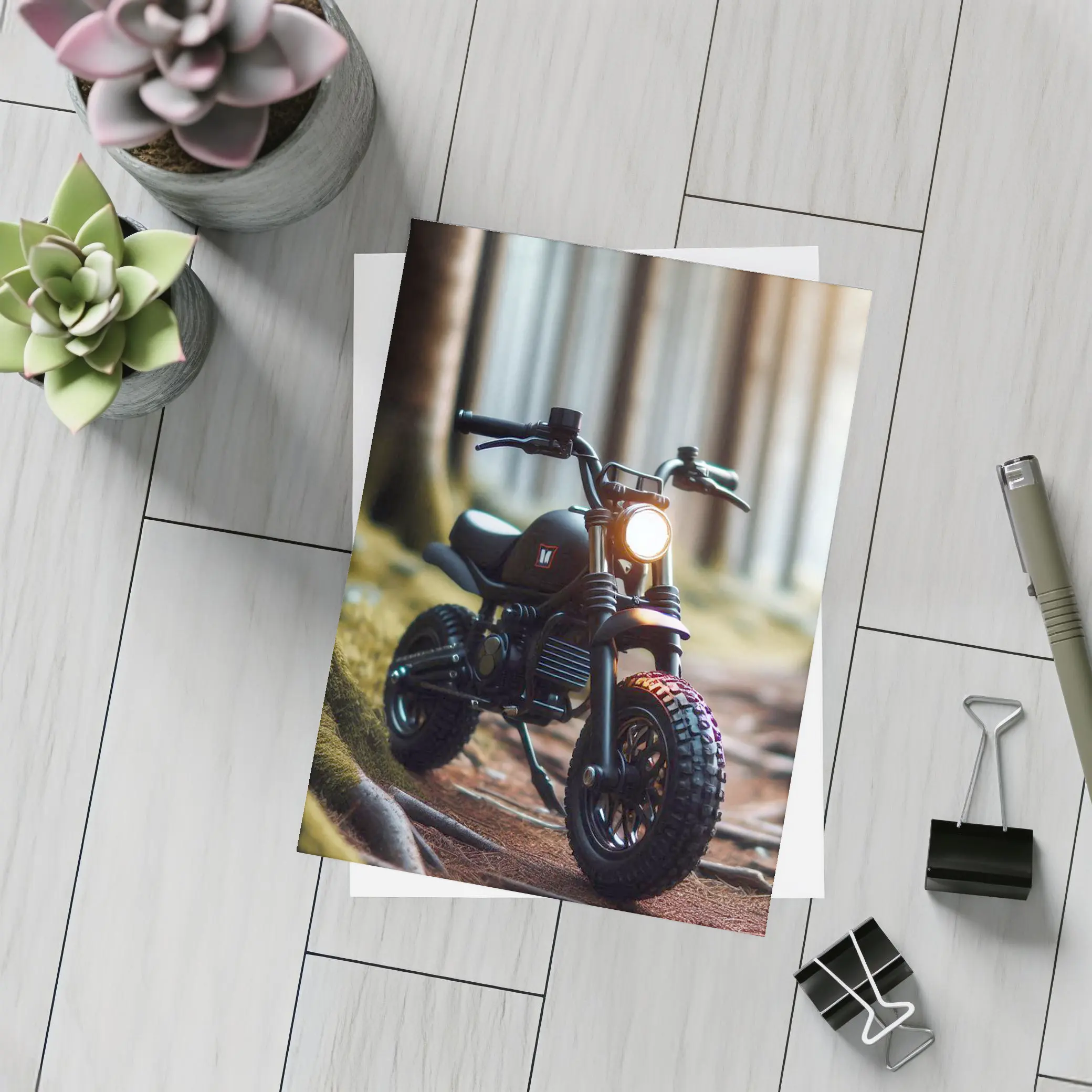 Dark Scrambler Motorcycle Parked Forest Floor – Postcards