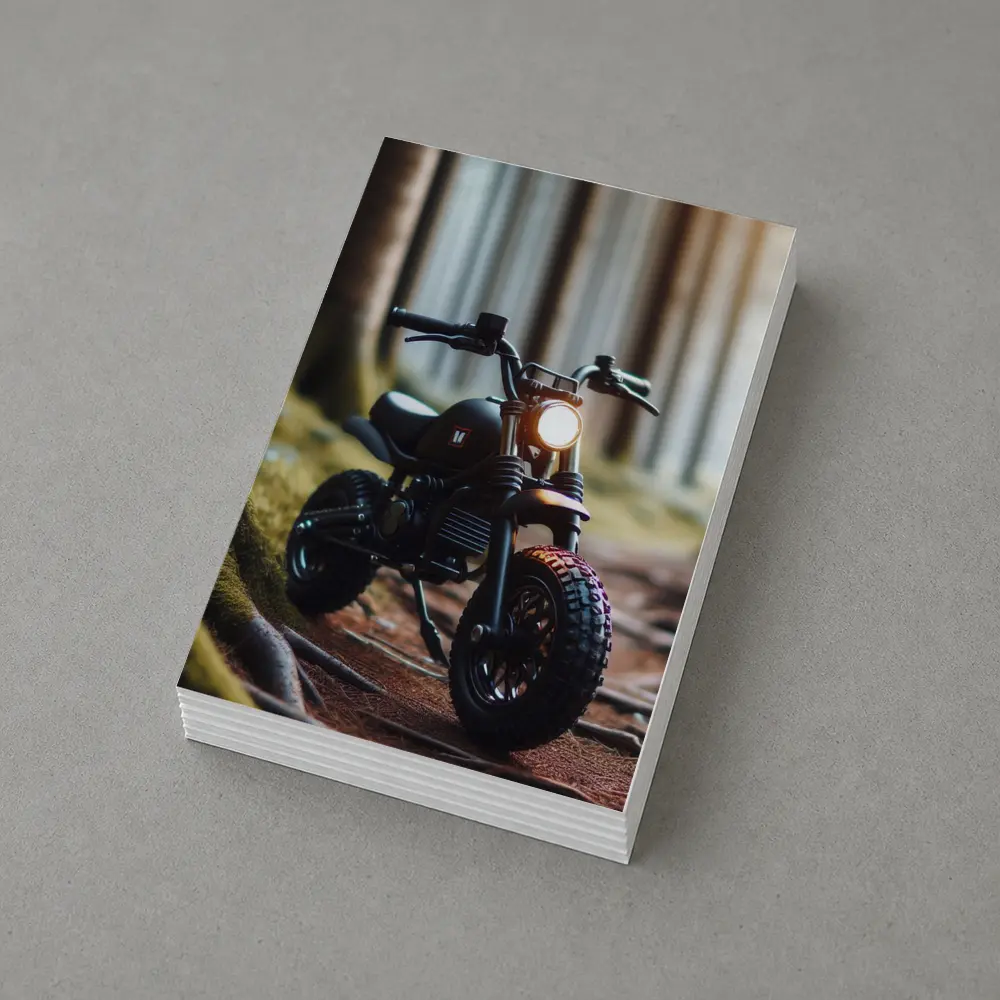 Dark Scrambler Motorcycle Parked Forest Floor – Postcards
