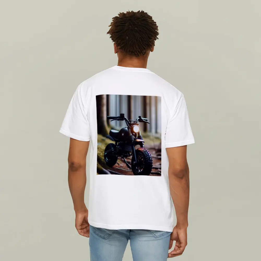 Dark Scrambler Motorcycle Parked Forest Floor – T-Shirts
