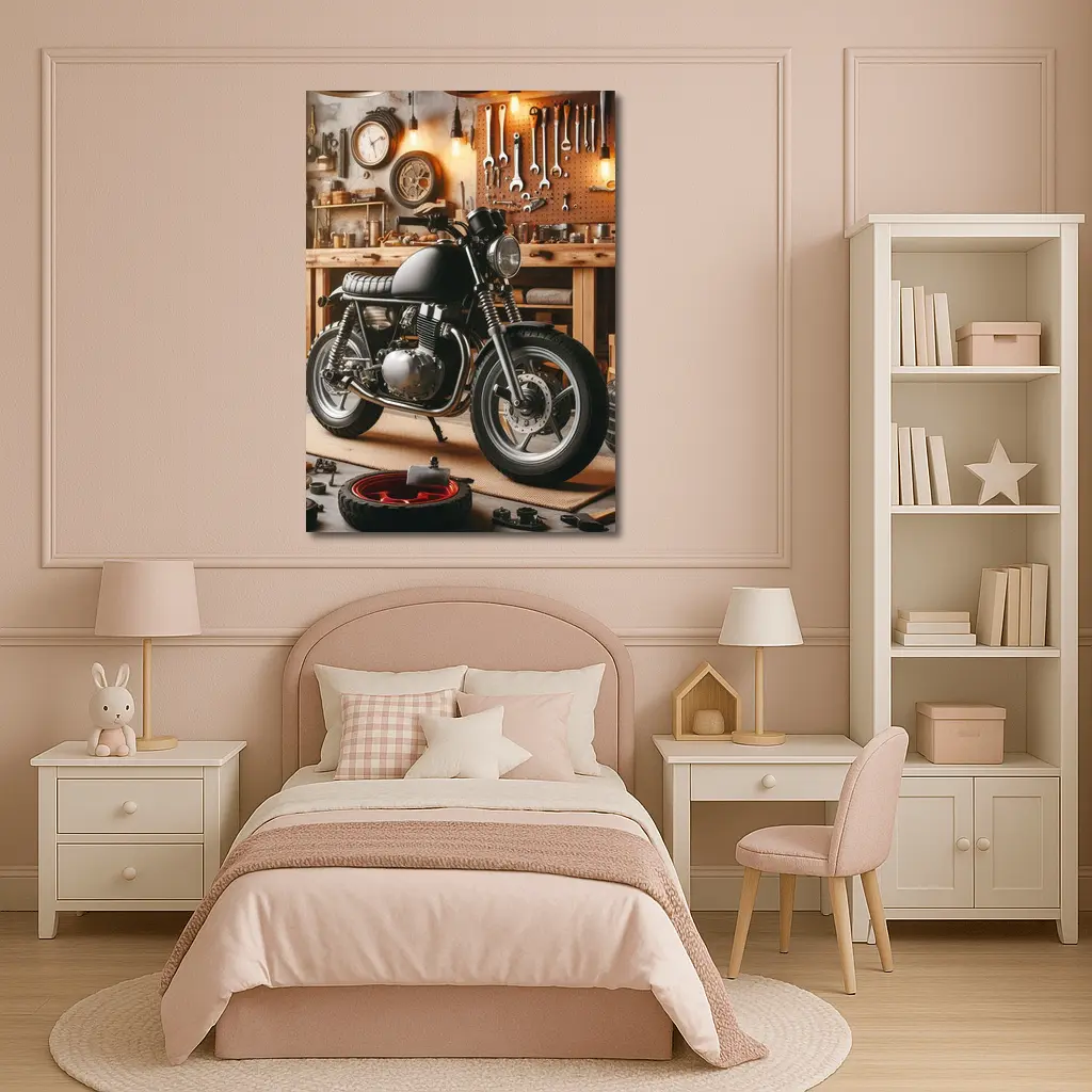 Cafe Racer Motorcycle In Vintage Workshop Garage – Wall Art
