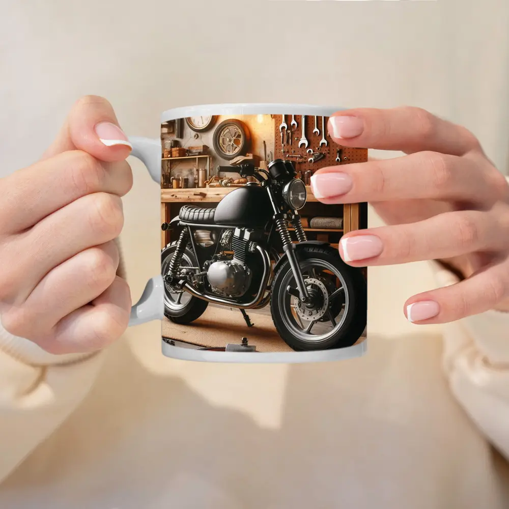 Cafe Racer Motorcycle In Vintage Workshop Garage – Mugs