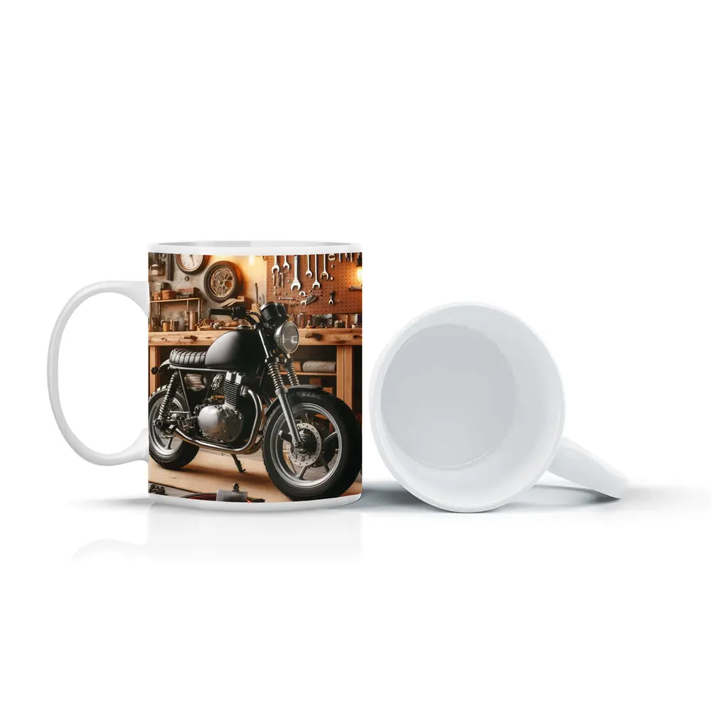 Cafe Racer Motorcycle In Vintage Workshop Garage – Mugs