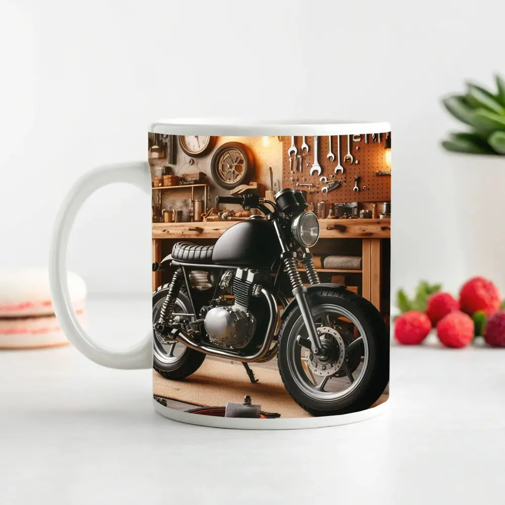 Cafe Racer Motorcycle In Vintage Workshop Garage – Mugs