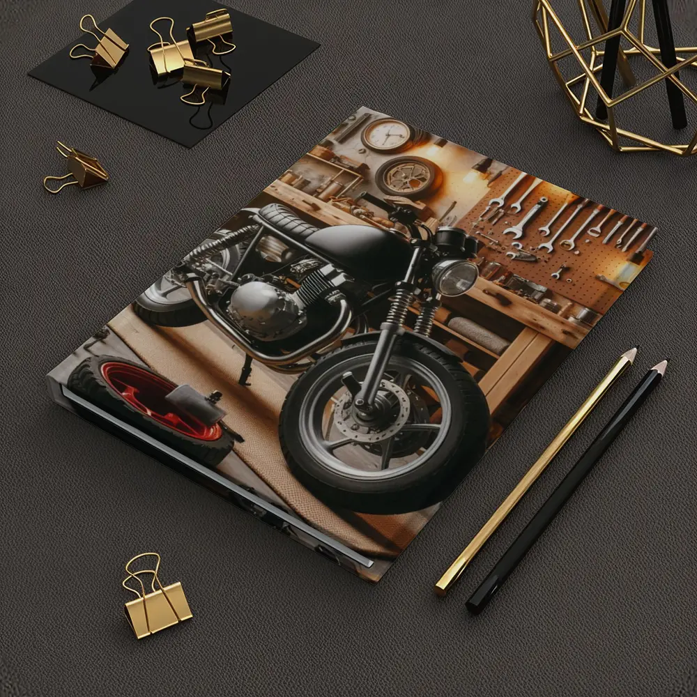 Cafe Racer Motorcycle In Vintage Workshop Garage – Notebooks