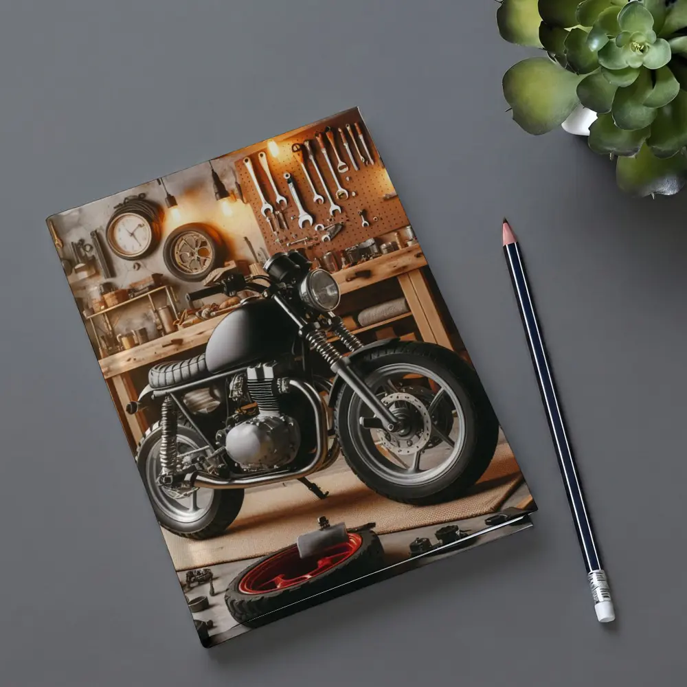 Cafe Racer Motorcycle In Vintage Workshop Garage – Notebooks