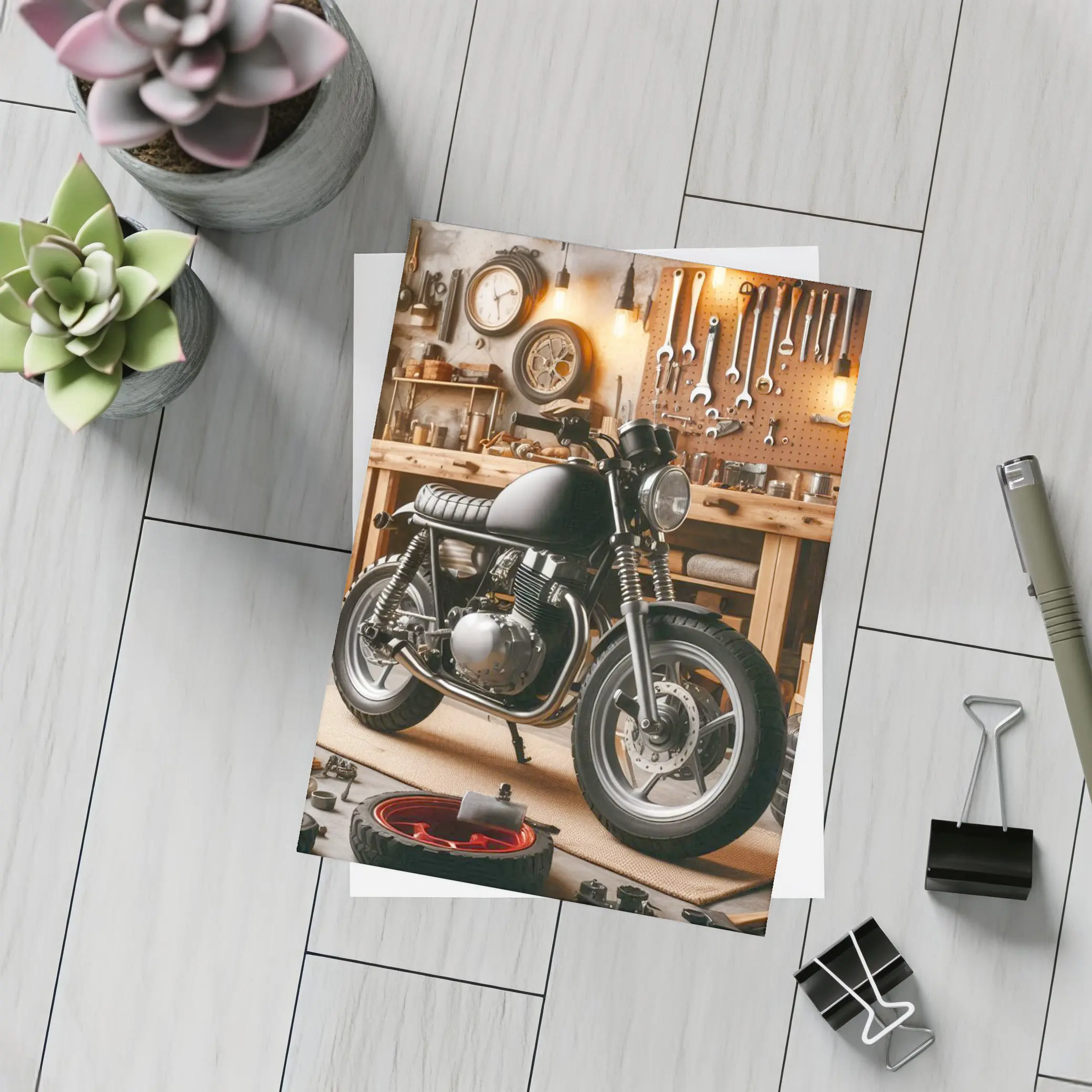 Cafe Racer Motorcycle In Vintage Workshop Garage – Postcards