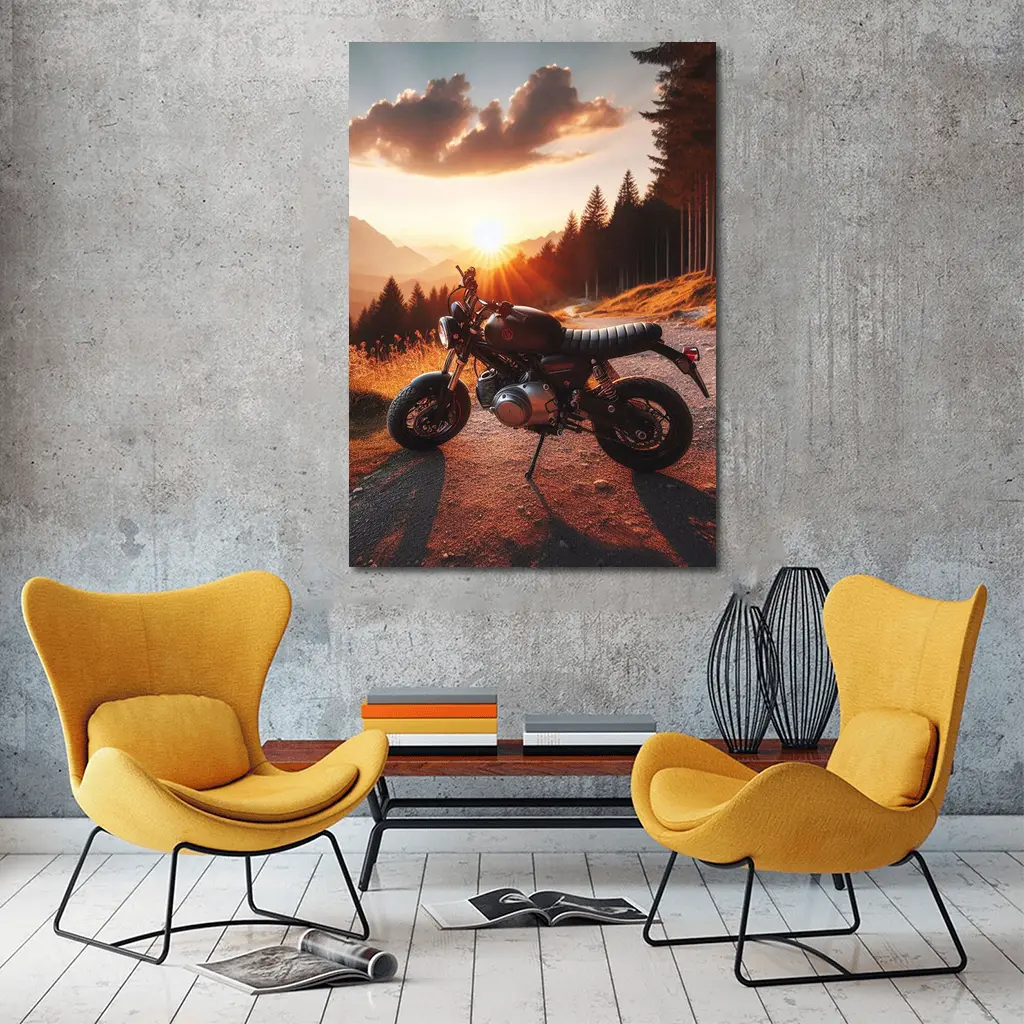 Cafe Racer Motorcycle Sunset Mountain Road – Wall Art