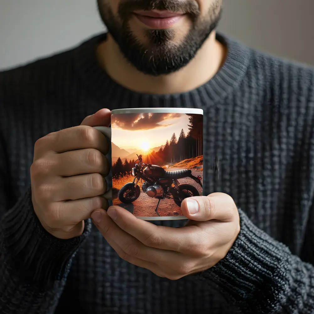 Cafe Racer Motorcycle Sunset Mountain Road – Mugs