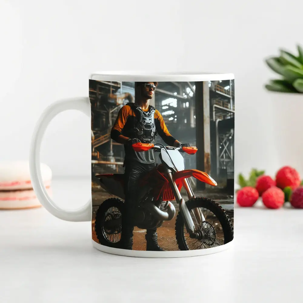 Motocross Rider Dirt Bike Industrial Background – Mugs