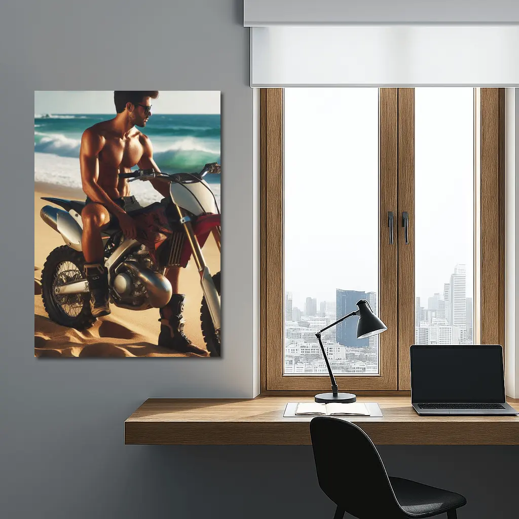 Shirtless Man on Dirt Bike Beach – Wall Art
