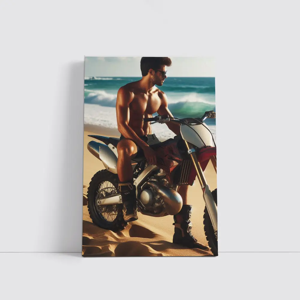 Shirtless Man on Dirt Bike Beach – Wall Art