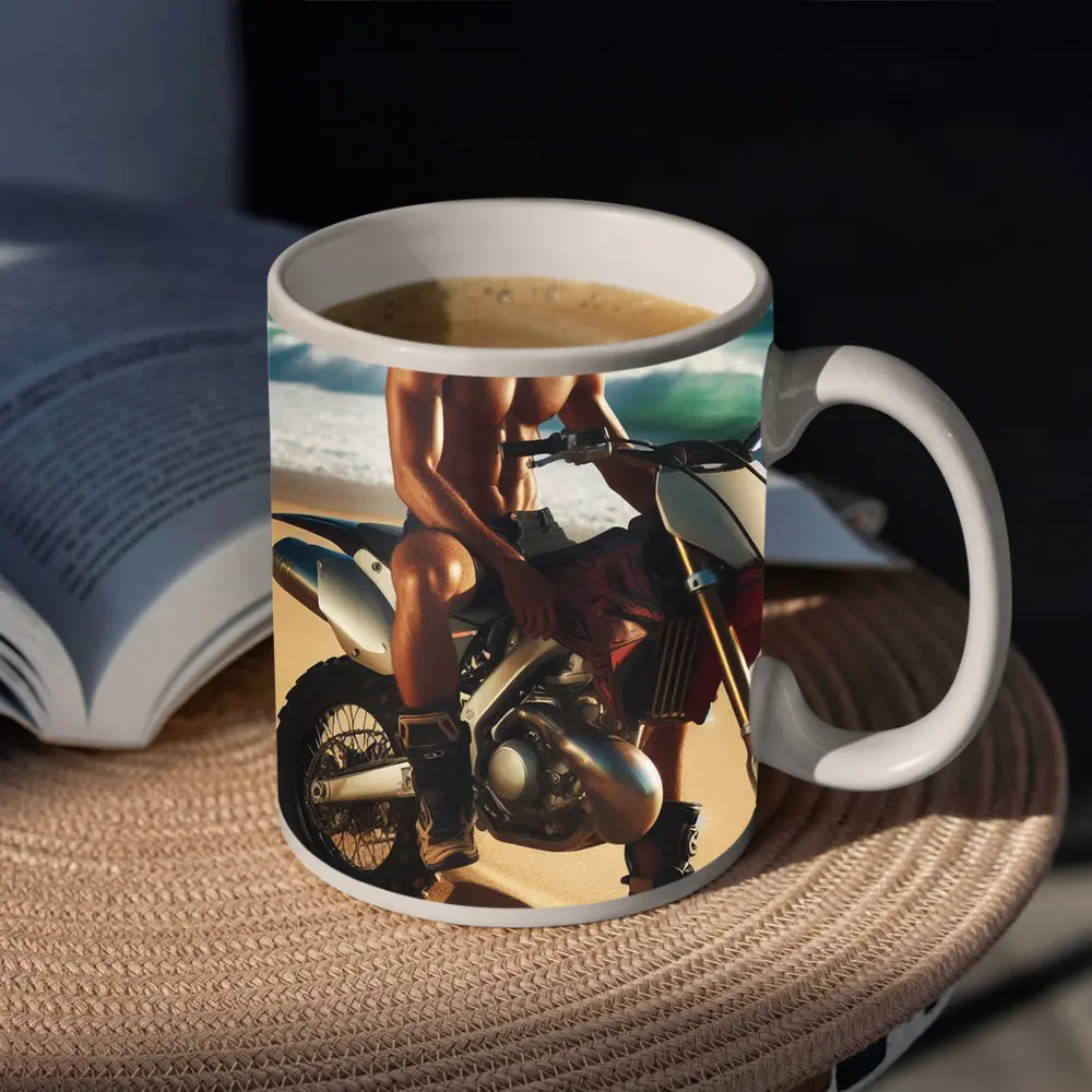 Shirtless Man on Dirt Bike Beach – Mugs