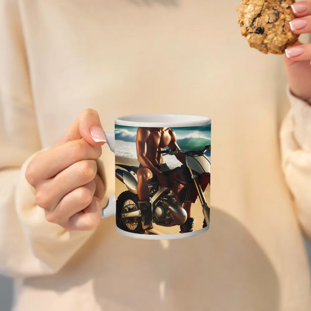Shirtless Man on Dirt Bike Beach – Mugs
