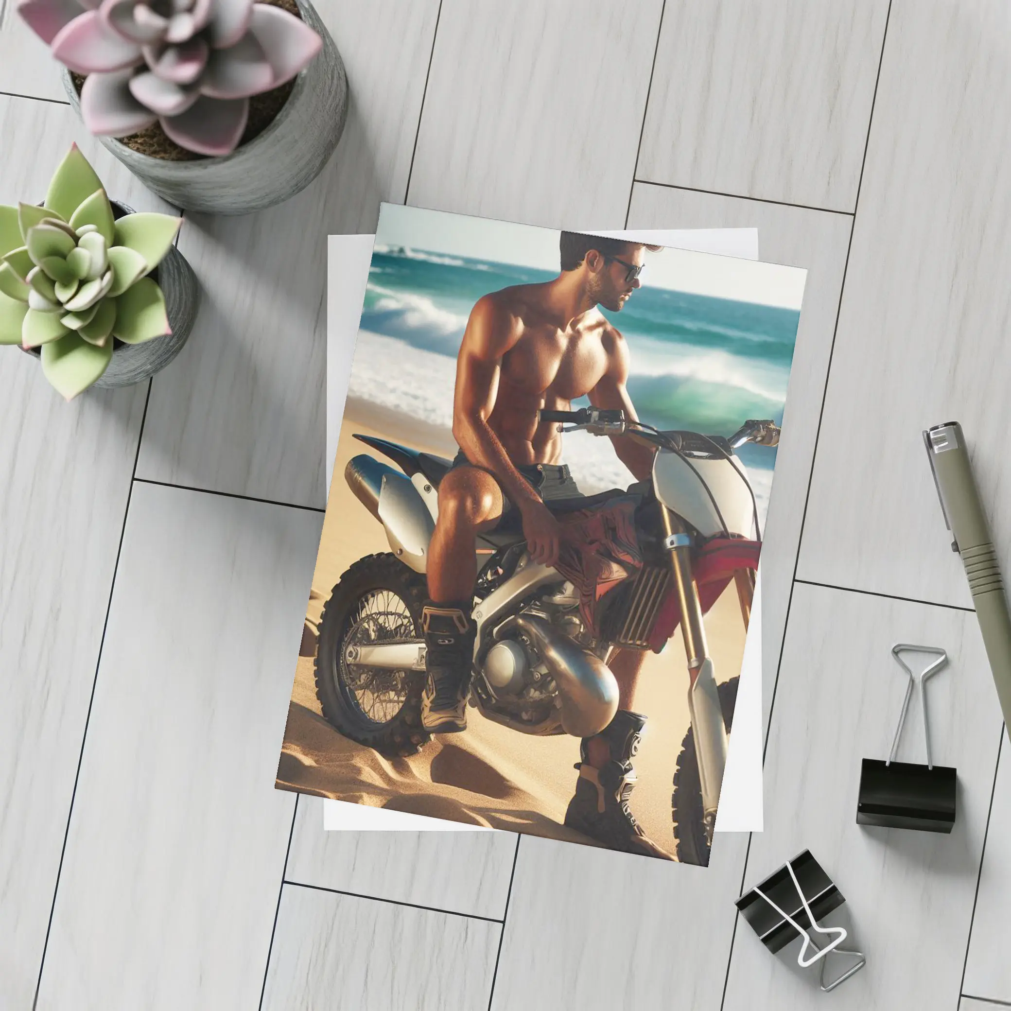 Shirtless Man on Dirt Bike Beach – Postcards