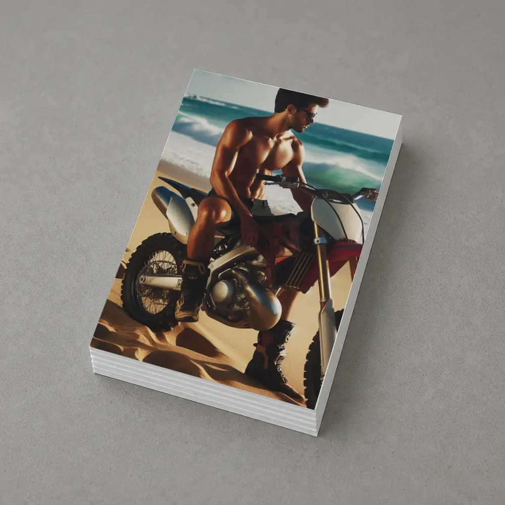 Shirtless Man on Dirt Bike Beach – Postcards
