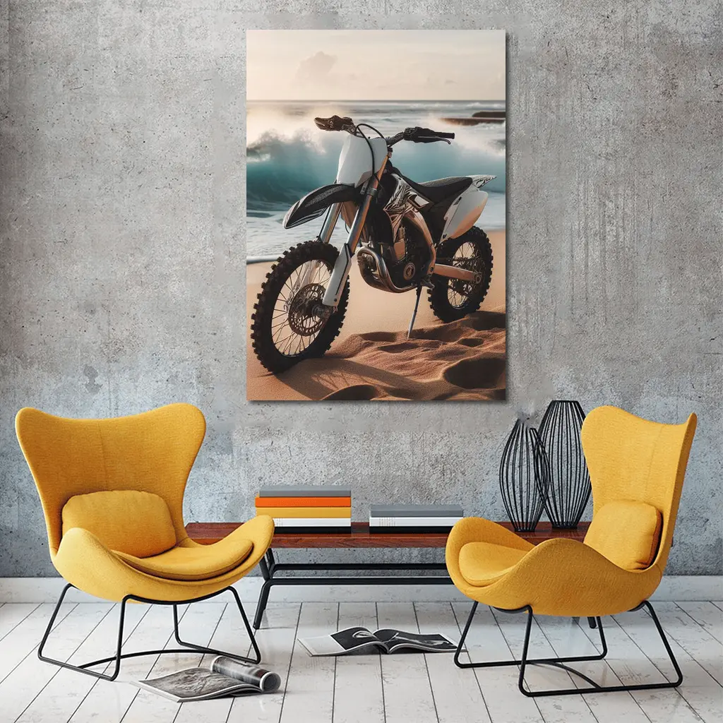Dirt Bike Parked on Sandy Beach Shore – Wall Art