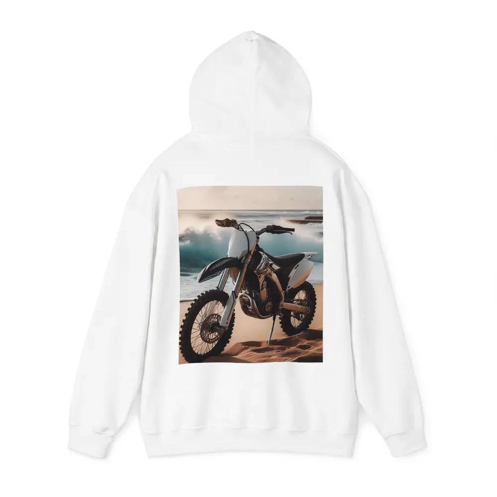 Dirt Bike Parked on Sandy Beach Shore – Hoodies