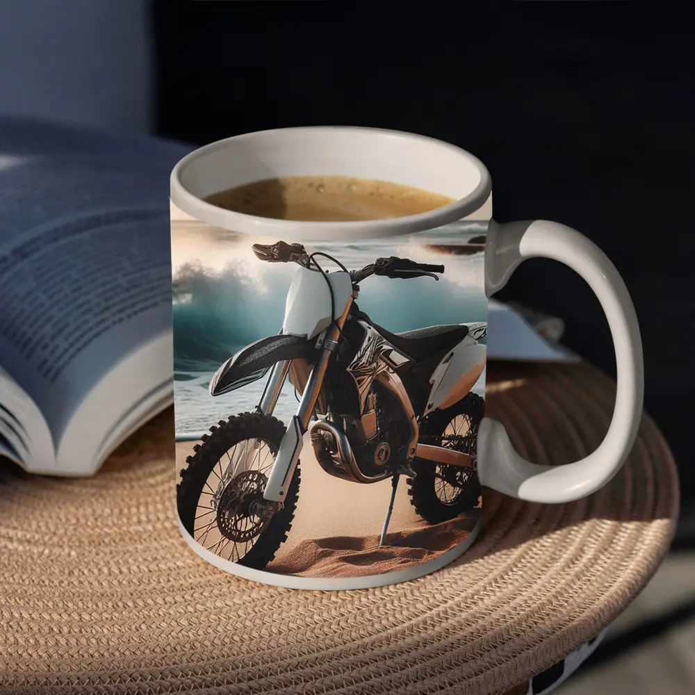 Dirt Bike Parked on Sandy Beach Shore – Mugs