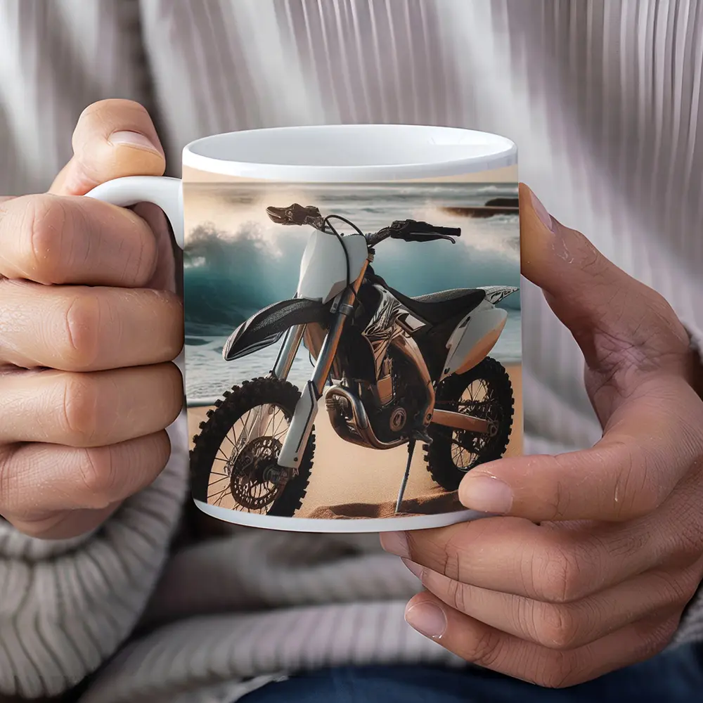 Dirt Bike Parked on Sandy Beach Shore – Mugs