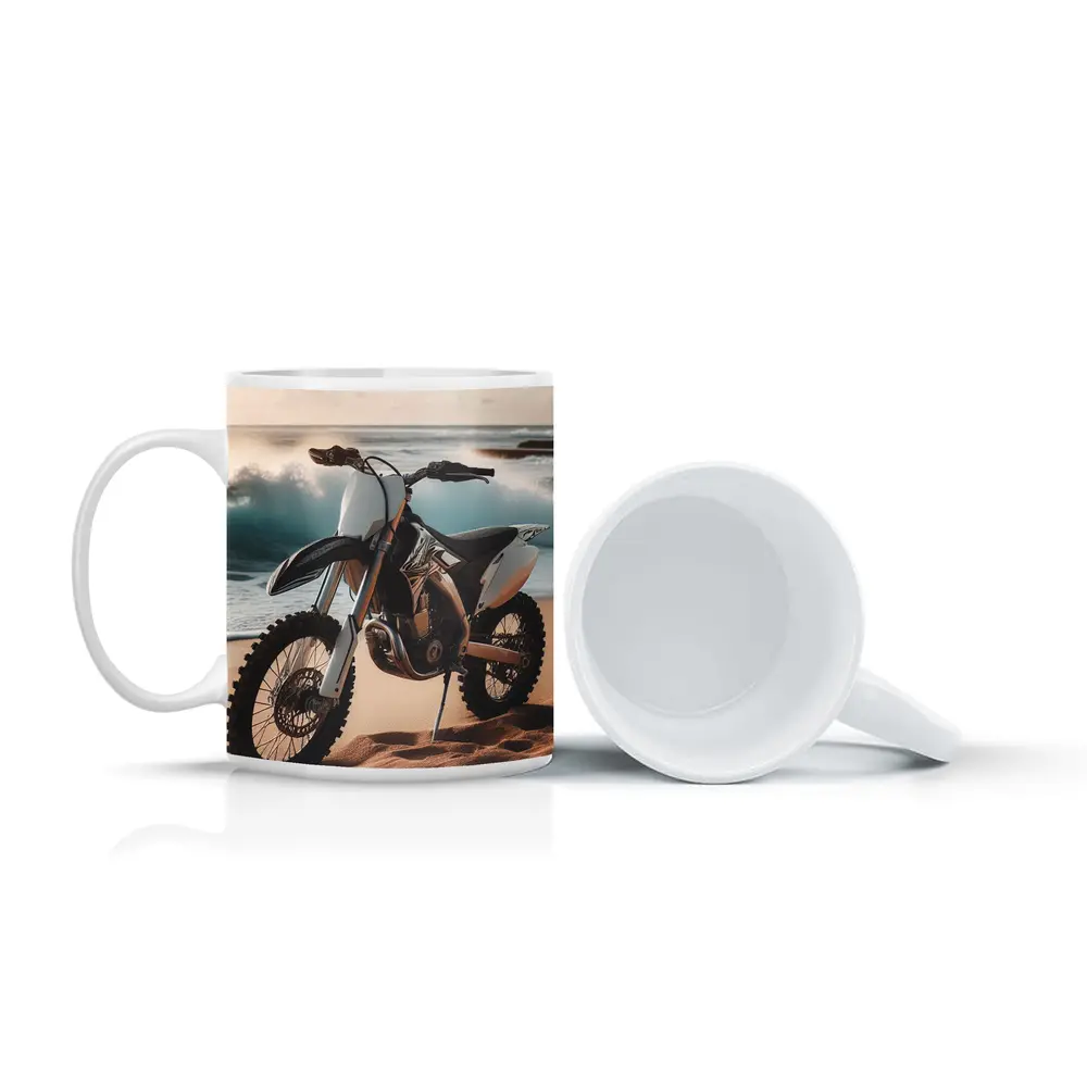 Dirt Bike Parked on Sandy Beach Shore – Mugs