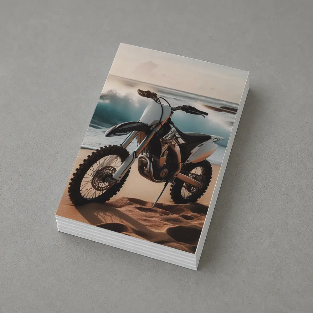 Dirt Bike Parked on Sandy Beach Shore – Postcards