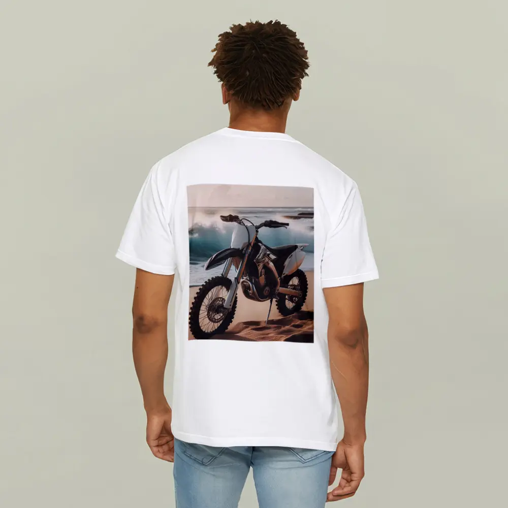Dirt Bike Parked on Sandy Beach Shore – T-Shirts