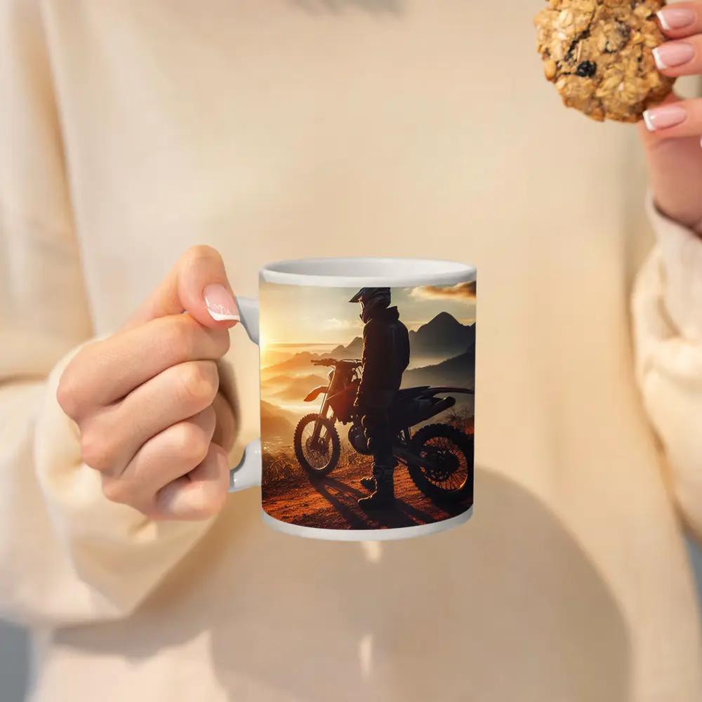Dirt Bike Rider Watching Sunset Over Mountains – Mugs