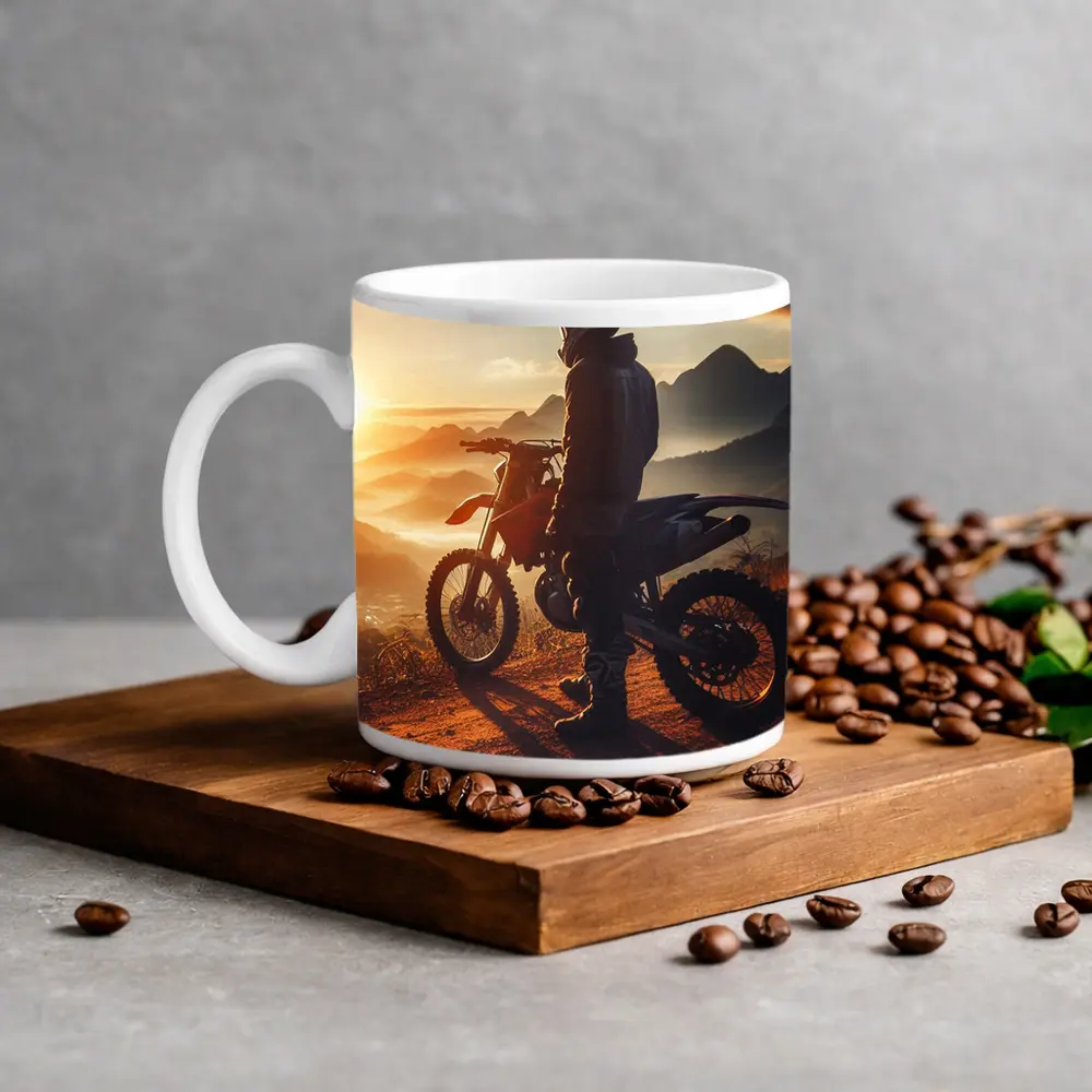 Dirt Bike Rider Watching Sunset Over Mountains – Mugs