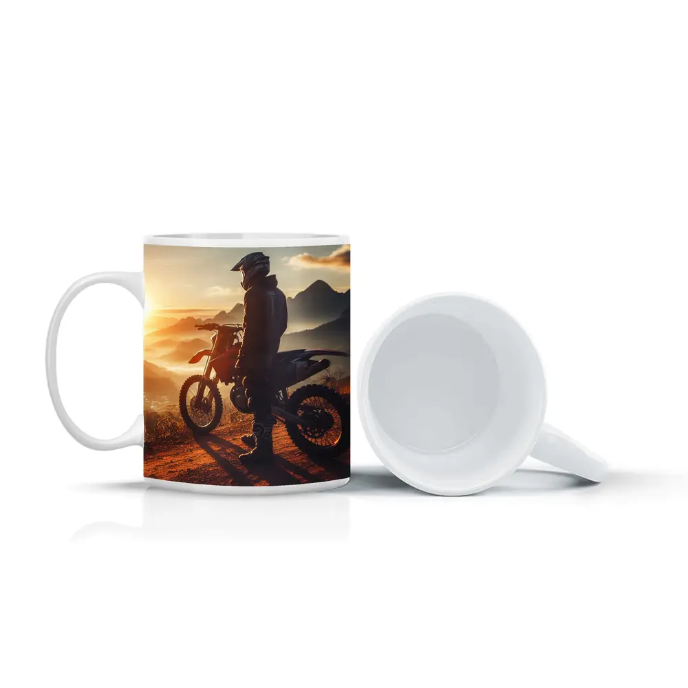 Dirt Bike Rider Watching Sunset Over Mountains – Mugs