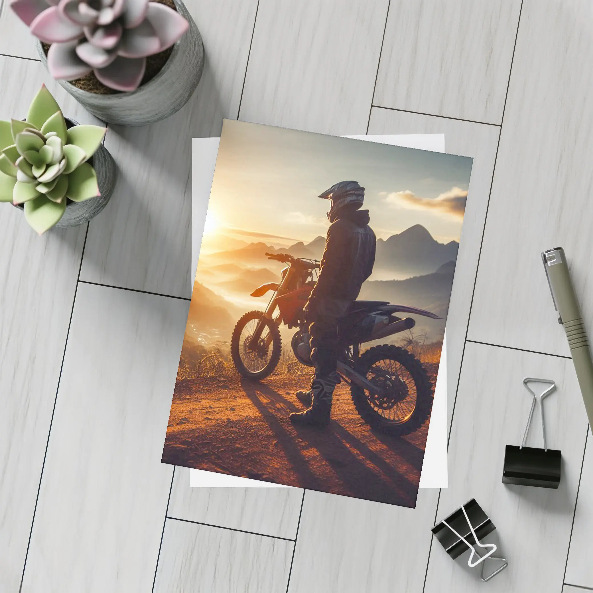 Dirt Bike Rider Watching Sunset Over Mountains – Postcards