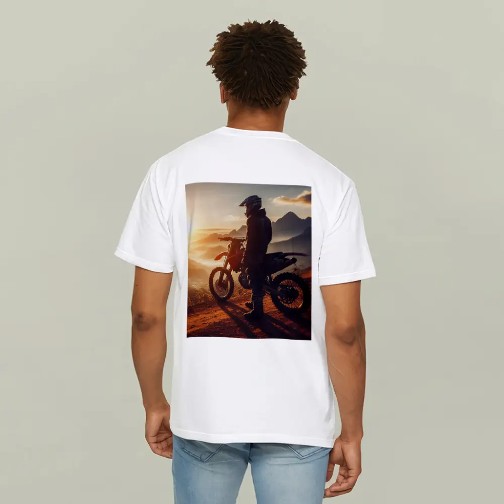 Dirt Bike Rider Watching Sunset Over Mountains – T-Shirts