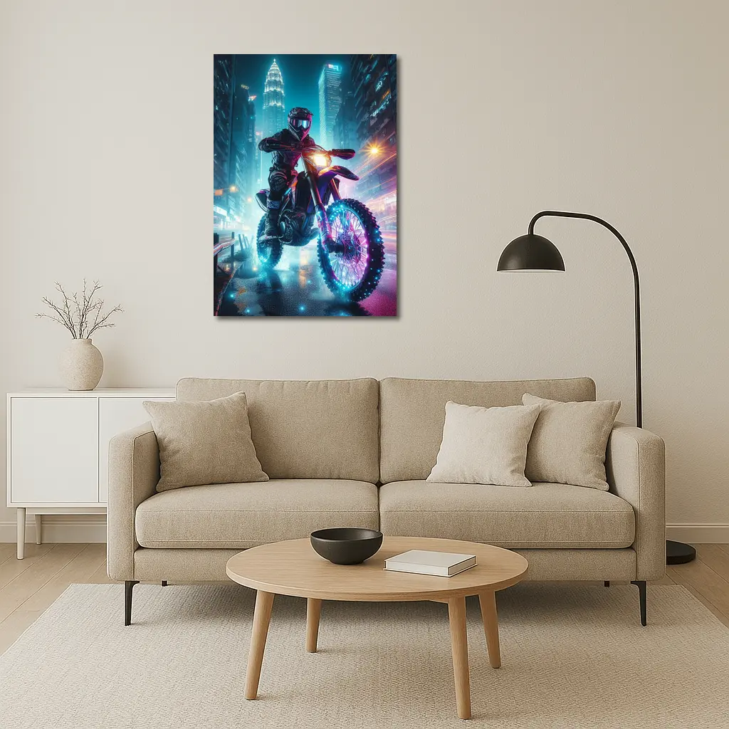 Dirt Bike Rider Neon City Night Streets – Wall Art