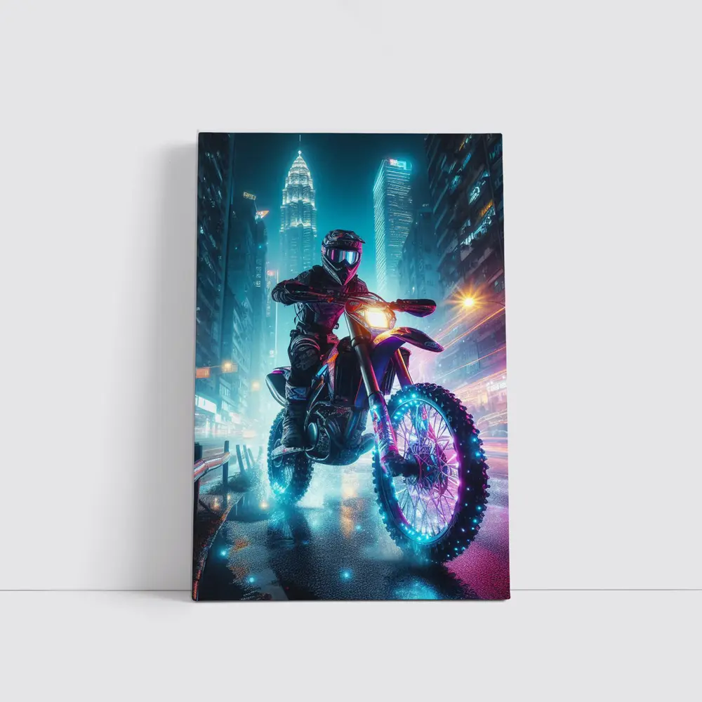 Dirt Bike Rider Neon City Night Streets – Wall Art