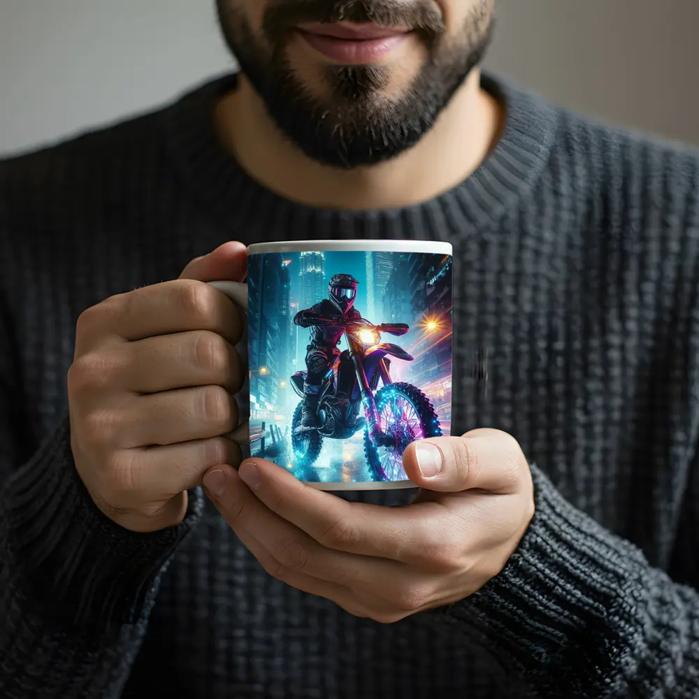 Dirt Bike Rider Neon City Night Streets – Mugs
