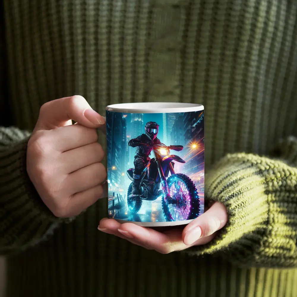 Dirt Bike Rider Neon City Night Streets – Mugs