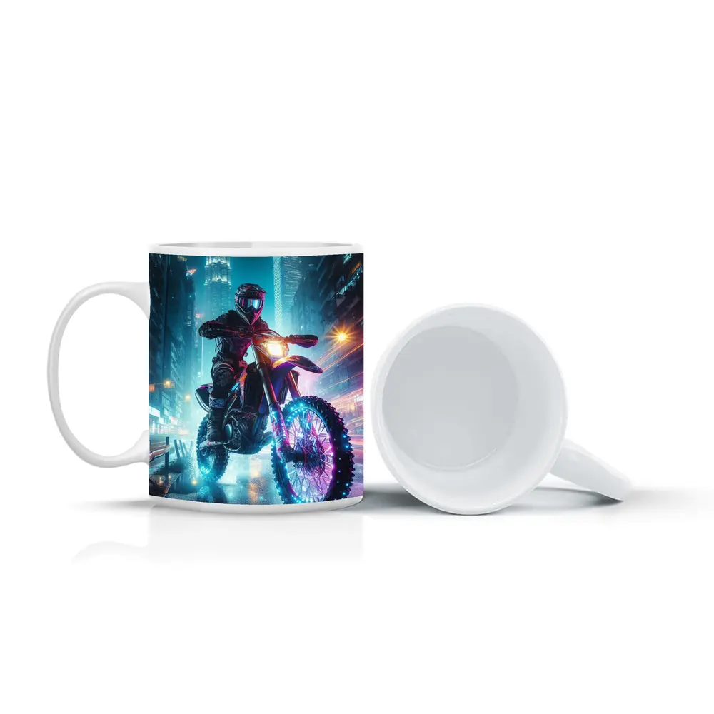 Dirt Bike Rider Neon City Night Streets – Mugs
