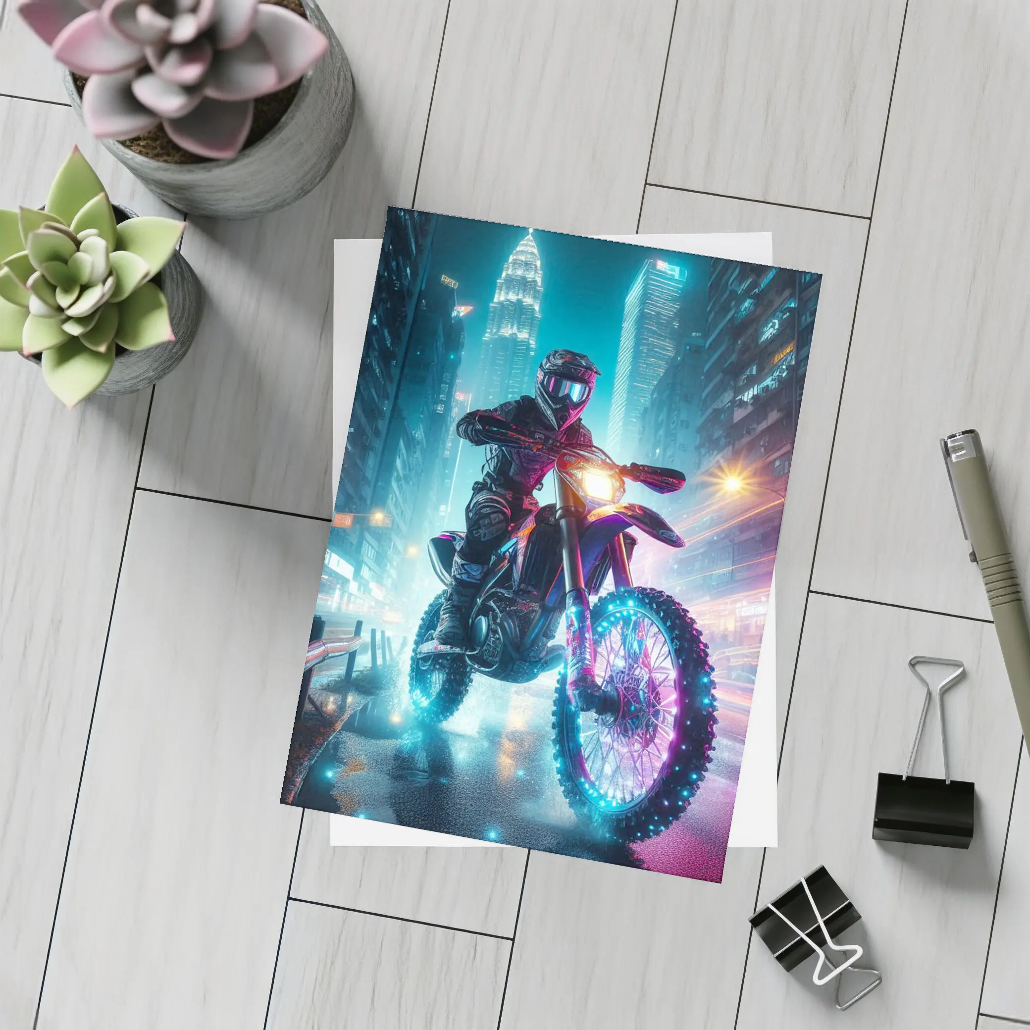 Dirt Bike Rider Neon City Night Streets – Postcards