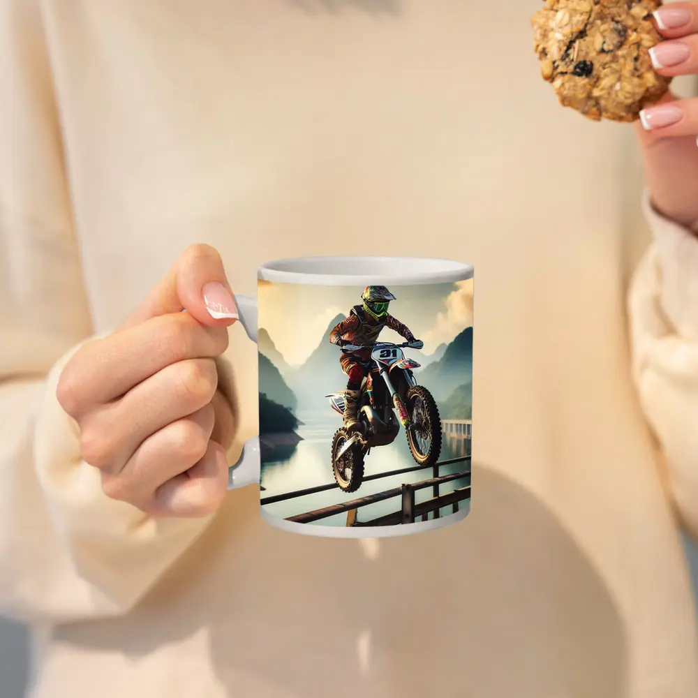 Motocross Rider Jumping Over Bridge Mountains – Mugs