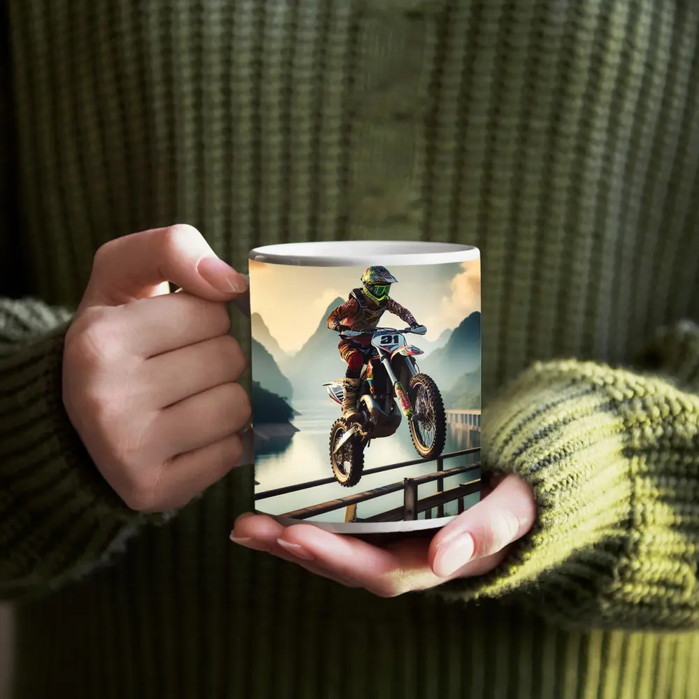 Motocross Rider Jumping Over Bridge Mountains – Mugs