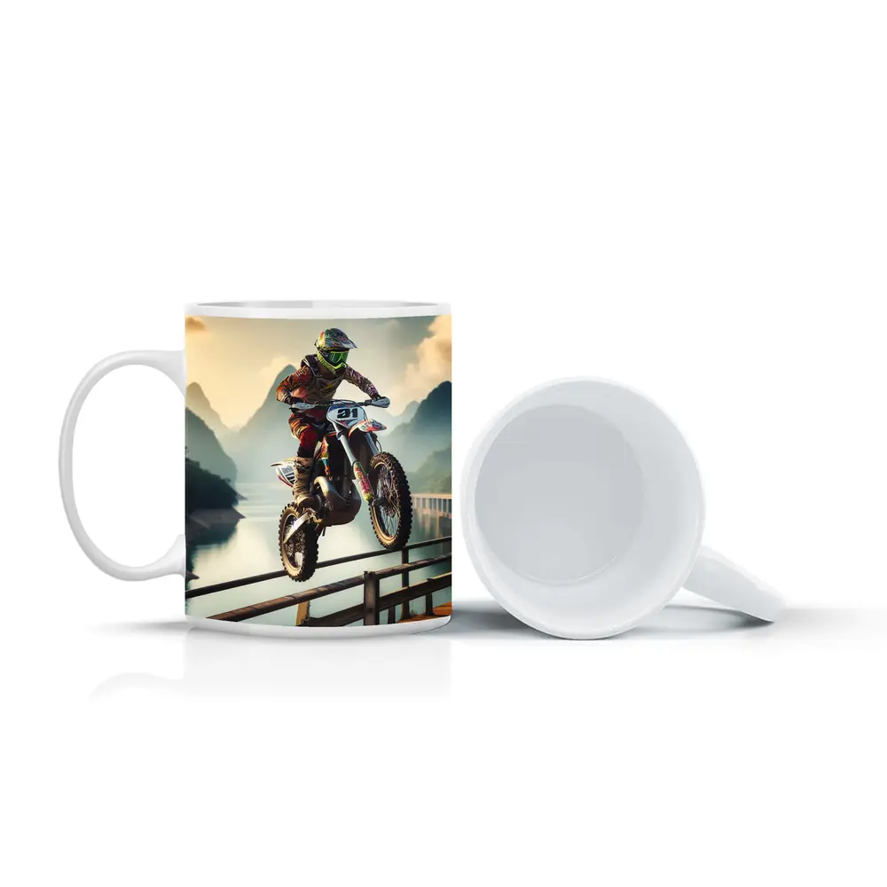 Motocross Rider Jumping Over Bridge Mountains – Mugs