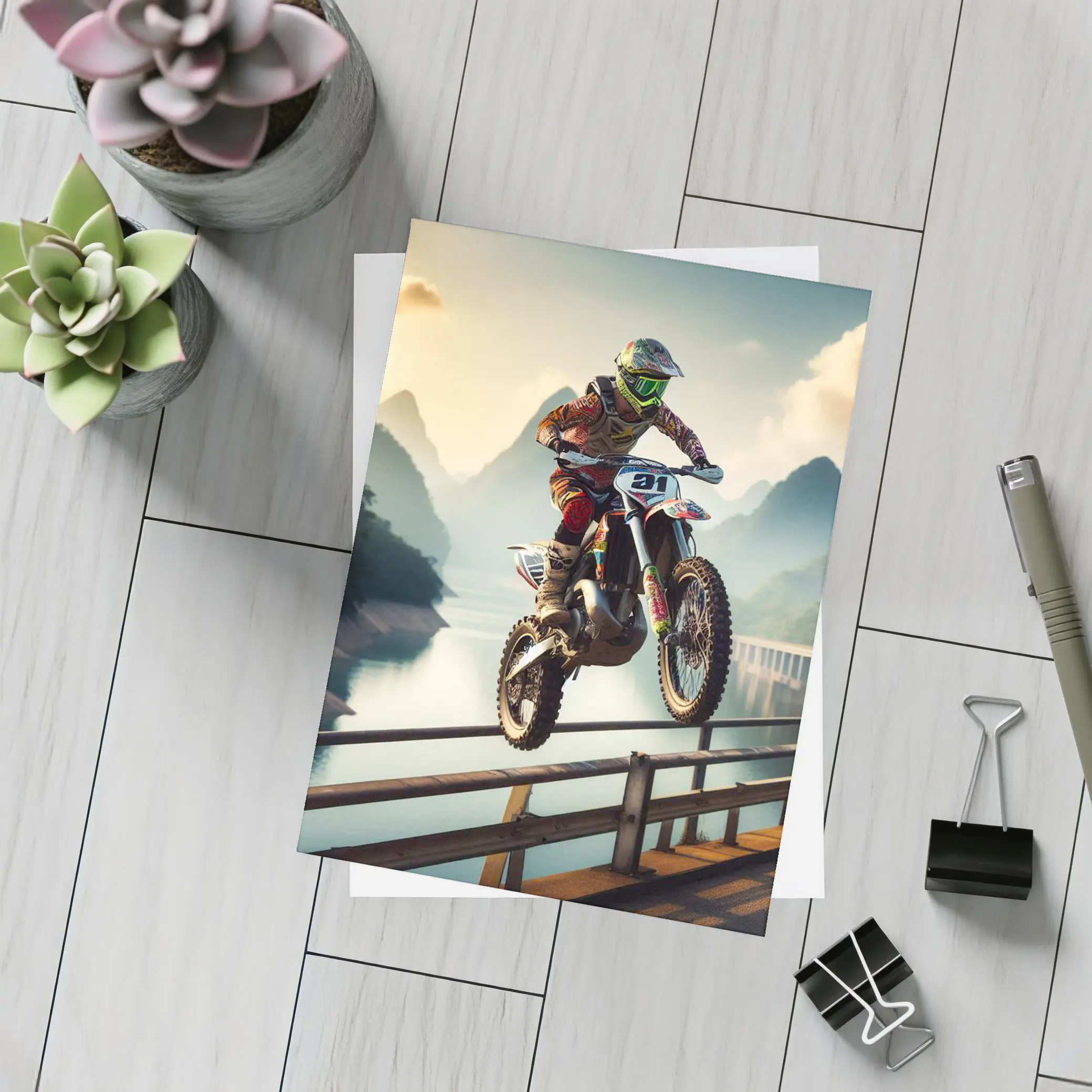 Motocross Rider Jumping Over Bridge Mountains – Postcards